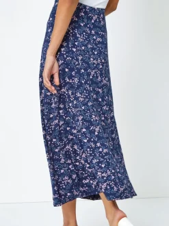 Roman Blue Floral Print Stretch Midi Skirt