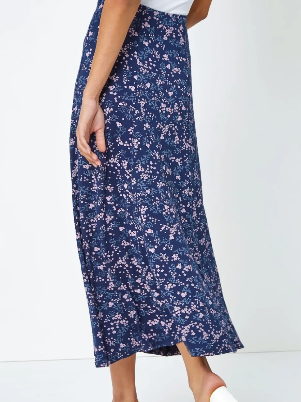 Roman Blue Floral Print Stretch Midi Skirt