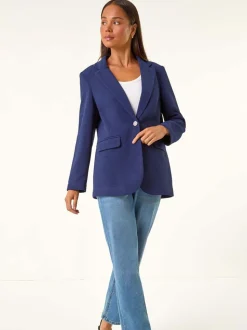 Roman Blue Petite Textured Buttoned Blazer