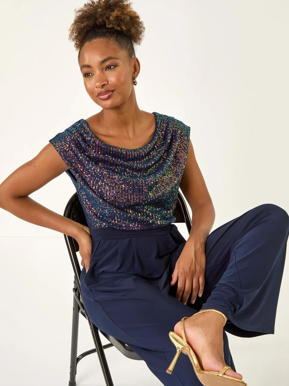 Roman Blue Sequin Bodice Cowl Neck Jumpsuit