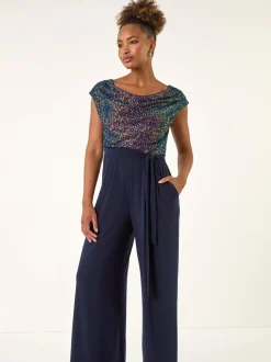Roman Blue Sequin Bodice Cowl Neck Jumpsuit
