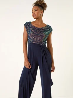 Roman Blue Sequin Bodice Cowl Neck Jumpsuit