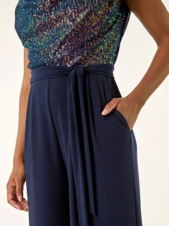 Roman Blue Sequin Bodice Cowl Neck Jumpsuit