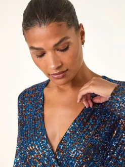 Roman Blue Sequin Wrap V-Neck Stretch Jumpsuit