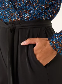 Roman Blue Sequin Wrap V-Neck Stretch Jumpsuit