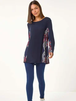 Roman Blue Side Printed Stretch Tunic Top