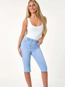 Roman Blue Stretch Knee Length Pedal Pusher Shorts