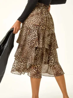 Roman Brown Animal Print Ruffled Skirt