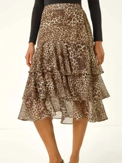 Roman Brown Animal Print Ruffled Skirt