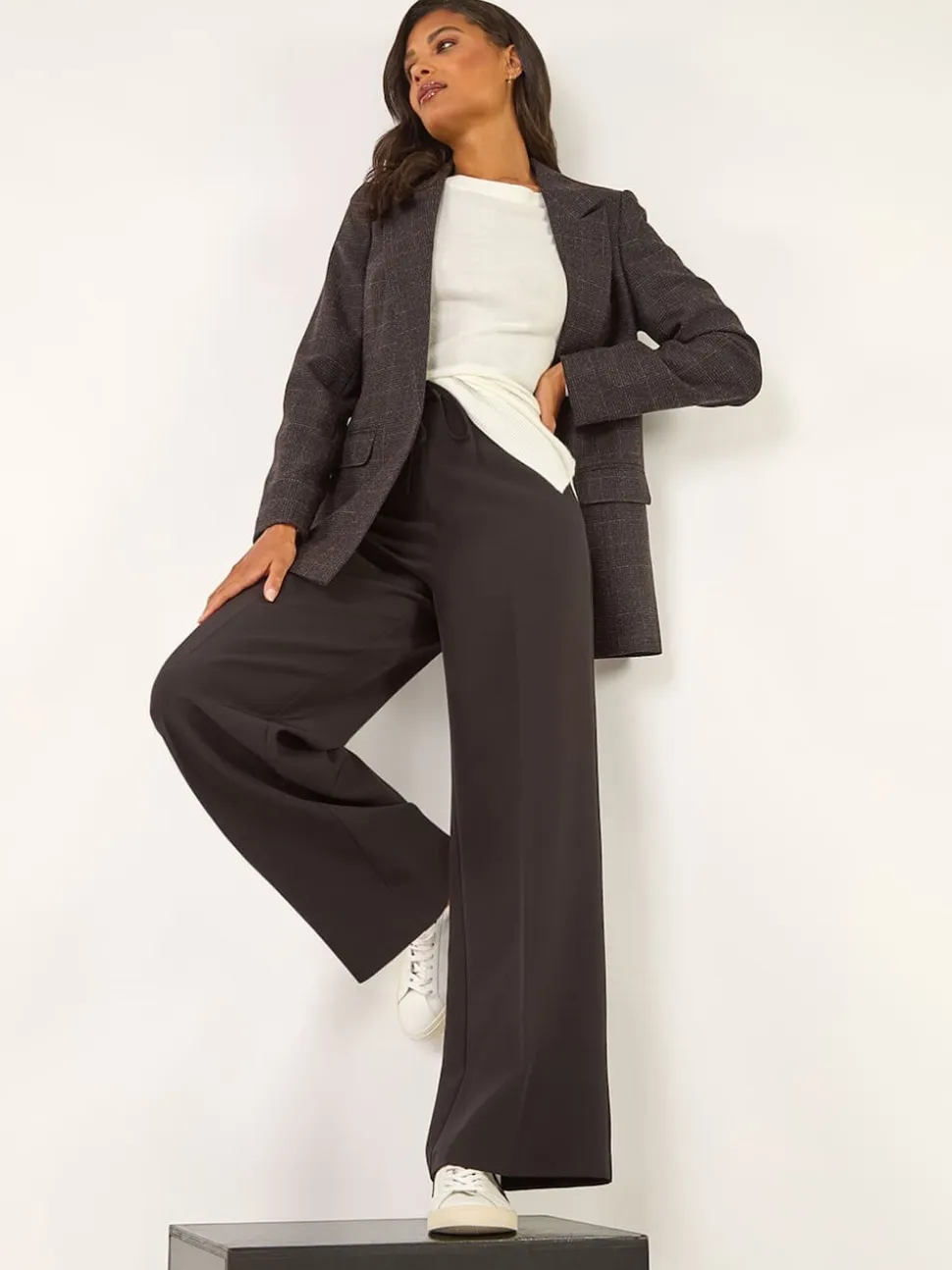 Roman Brown Check Print Longline Blazer