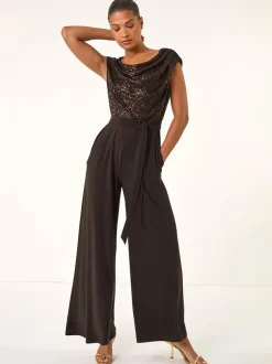 Roman Brown Sequin Bodice Cowl Neck Jumpsuit