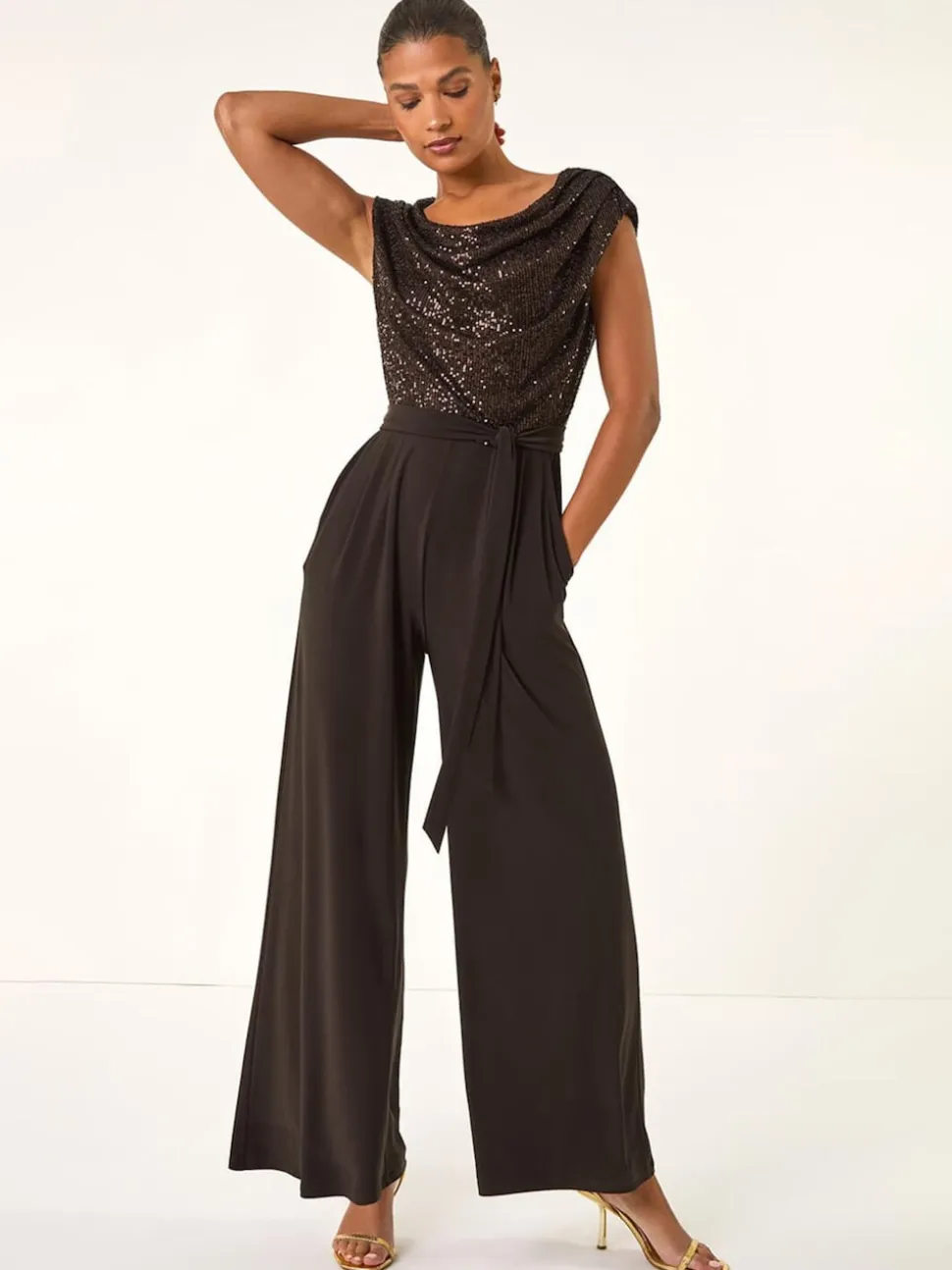 Roman Brown Sequin Bodice Cowl Neck Jumpsuit