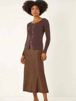 Roman Brown Shimmer Knit Midi Skirt