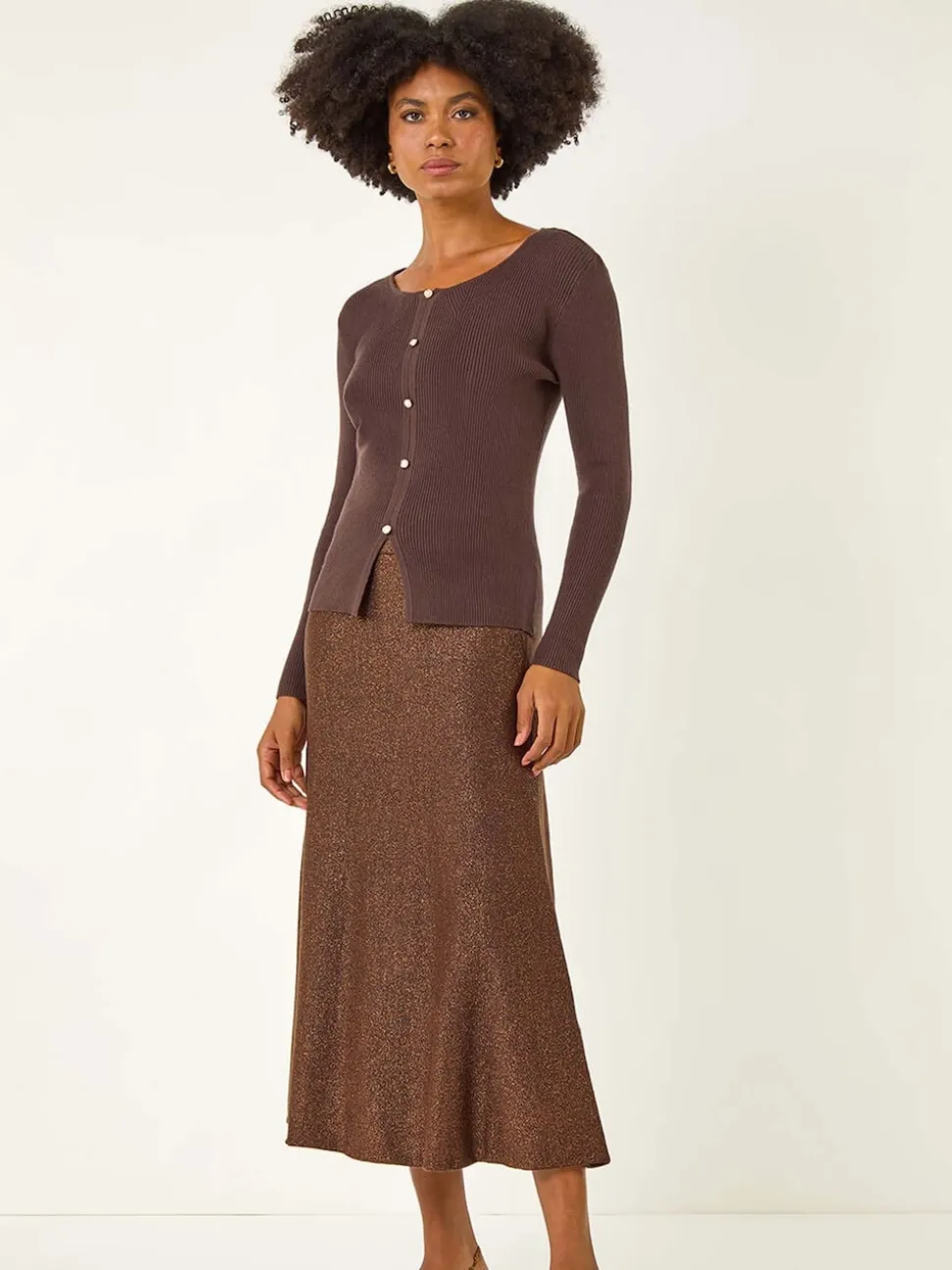 Roman Brown Shimmer Knit Midi Skirt