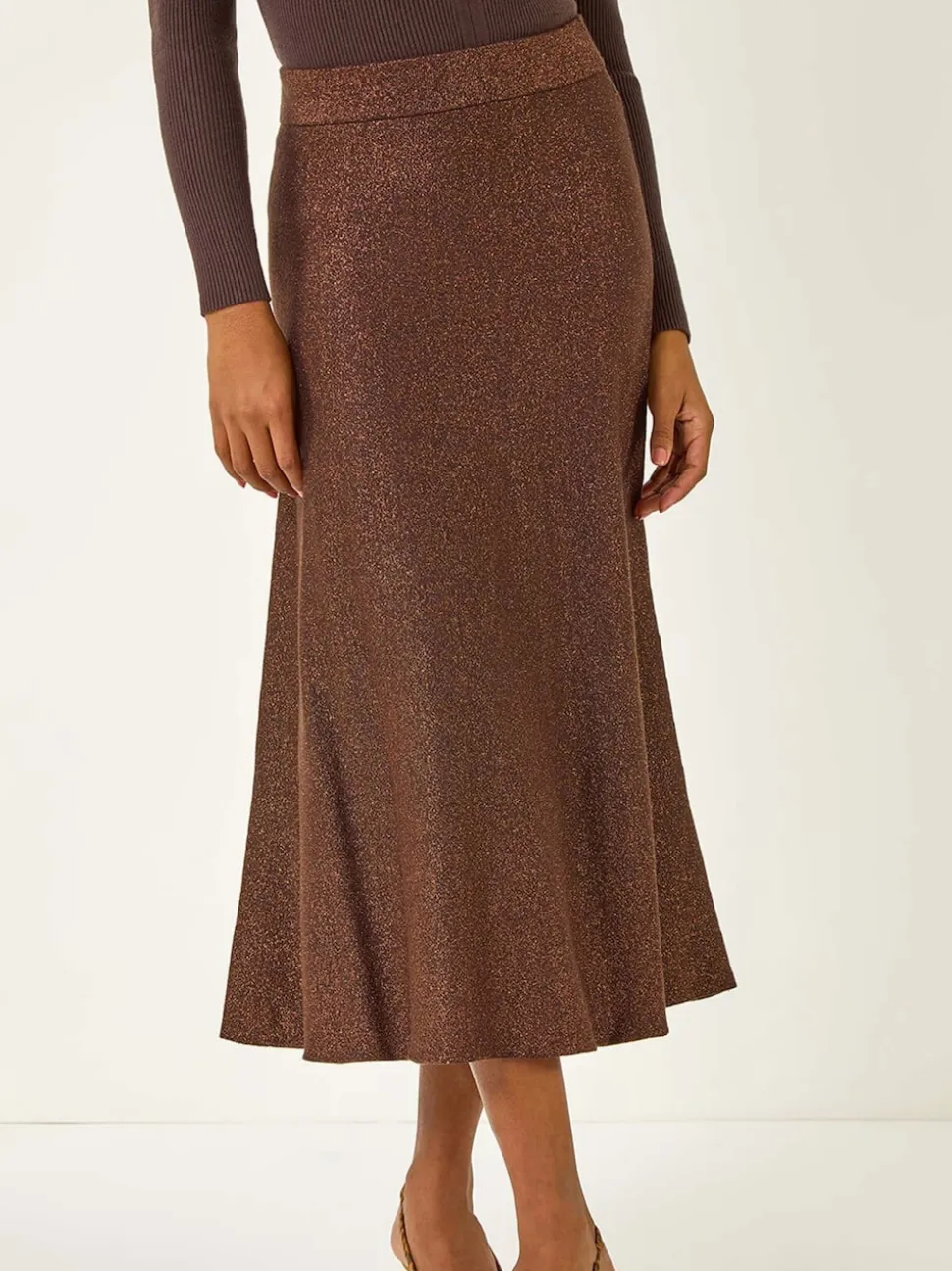 Roman Brown Shimmer Knit Midi Skirt