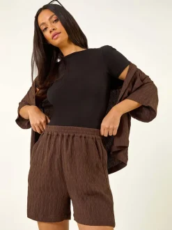 Roman Brown Textured Elastic Waist Woven Shorts