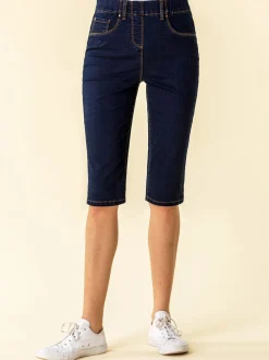 Roman Dark Blue Denim Stretch Knee Length Pedal Pusher Shorts