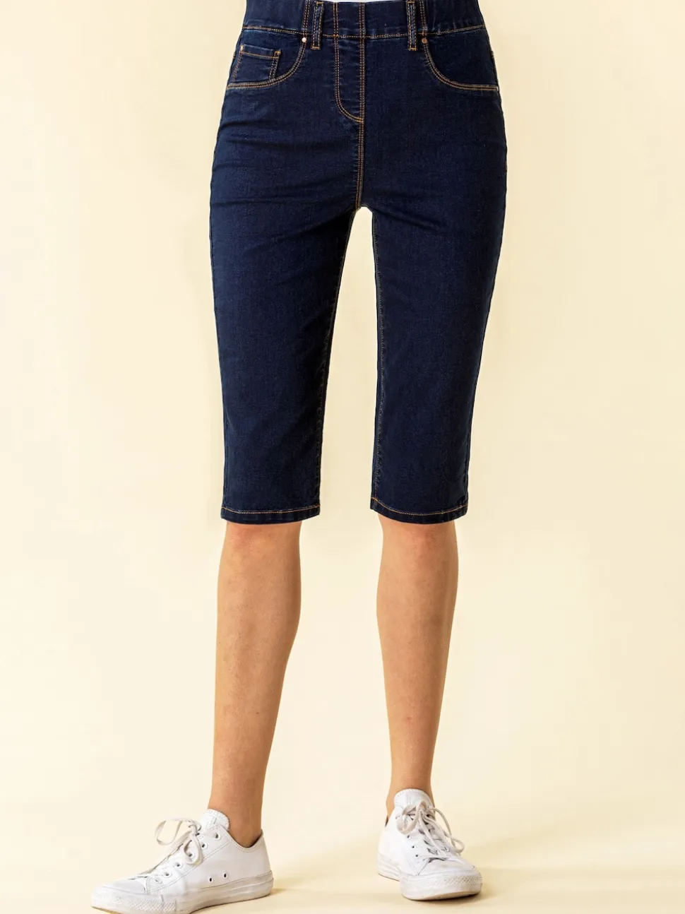 Roman Dark Blue Denim Stretch Knee Length Pedal Pusher Shorts