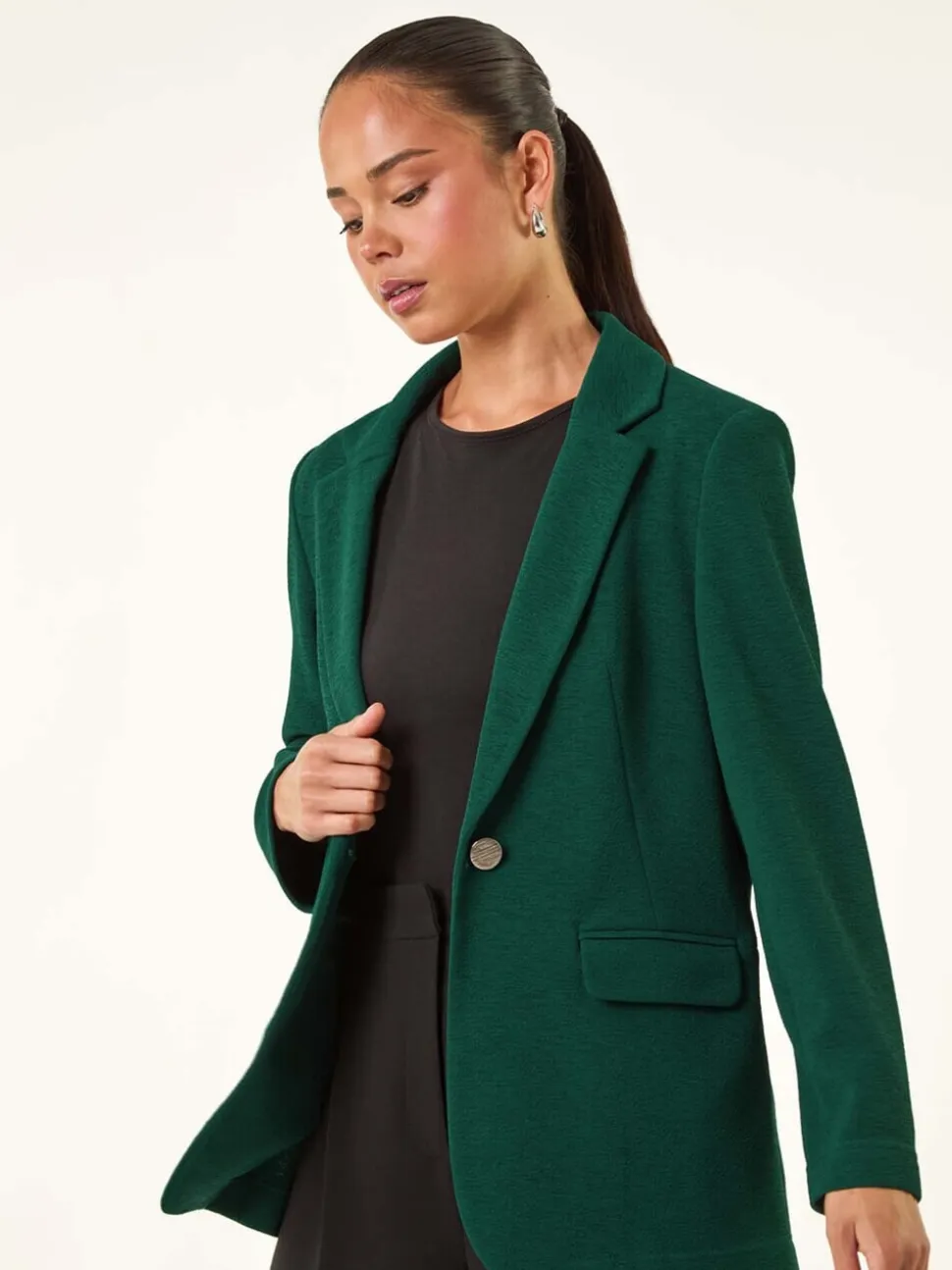 Roman Deep Blue Green Petite Textured Buttoned Blazer