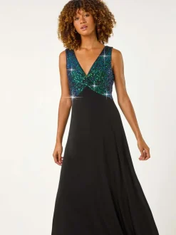 Roman Green Contrast Sequin Bodice Maxi Dress