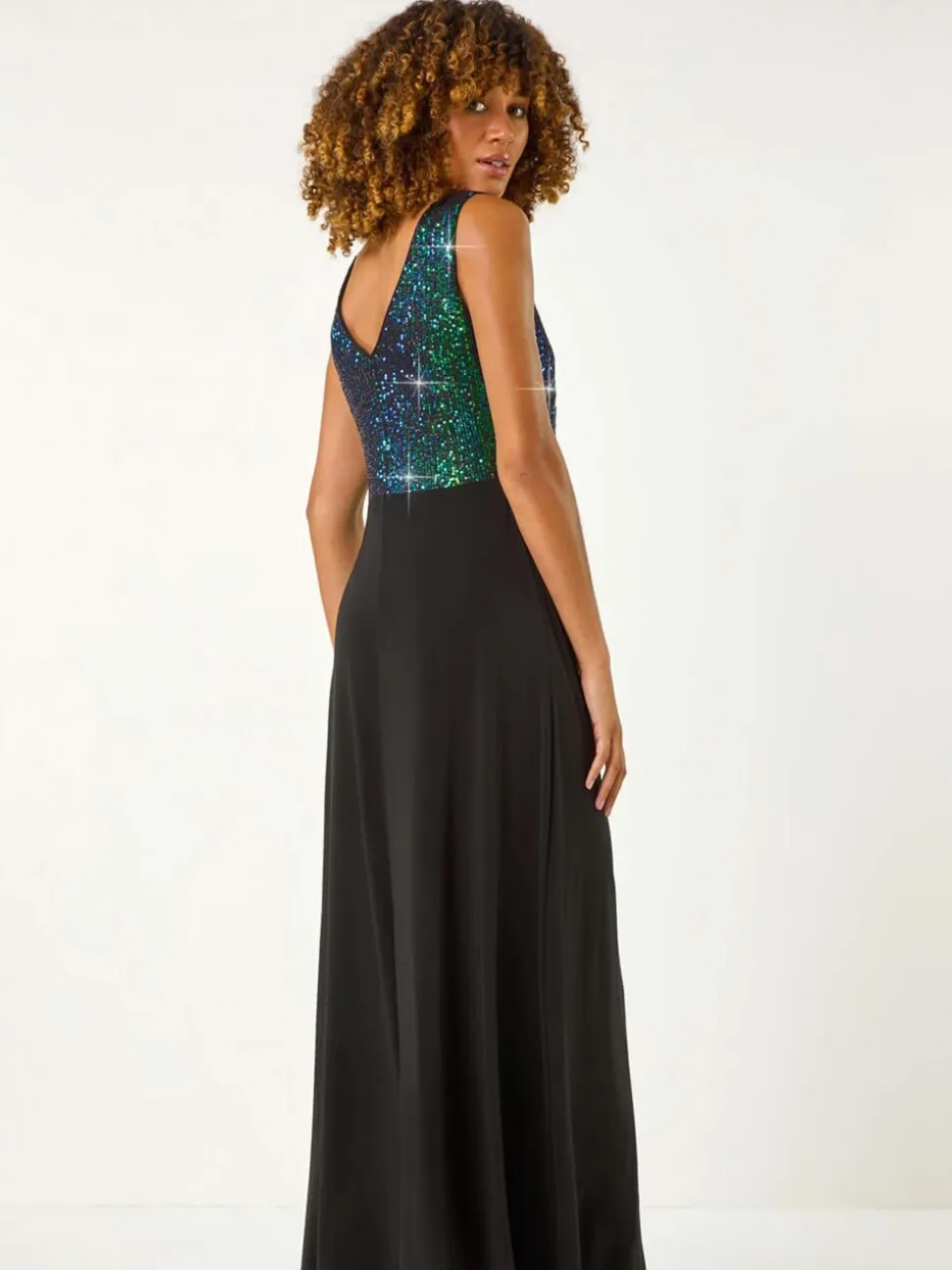 Roman Green Contrast Sequin Bodice Maxi Dress