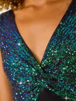 Roman Green Contrast Sequin Bodice Maxi Dress