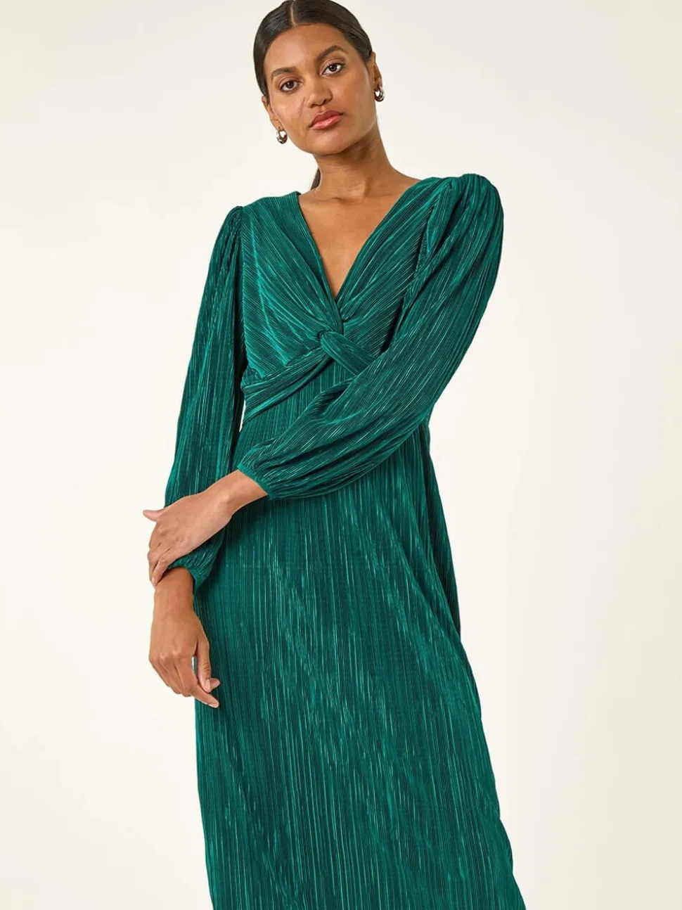 Roman Green Plisse Twist Front Midi Dress