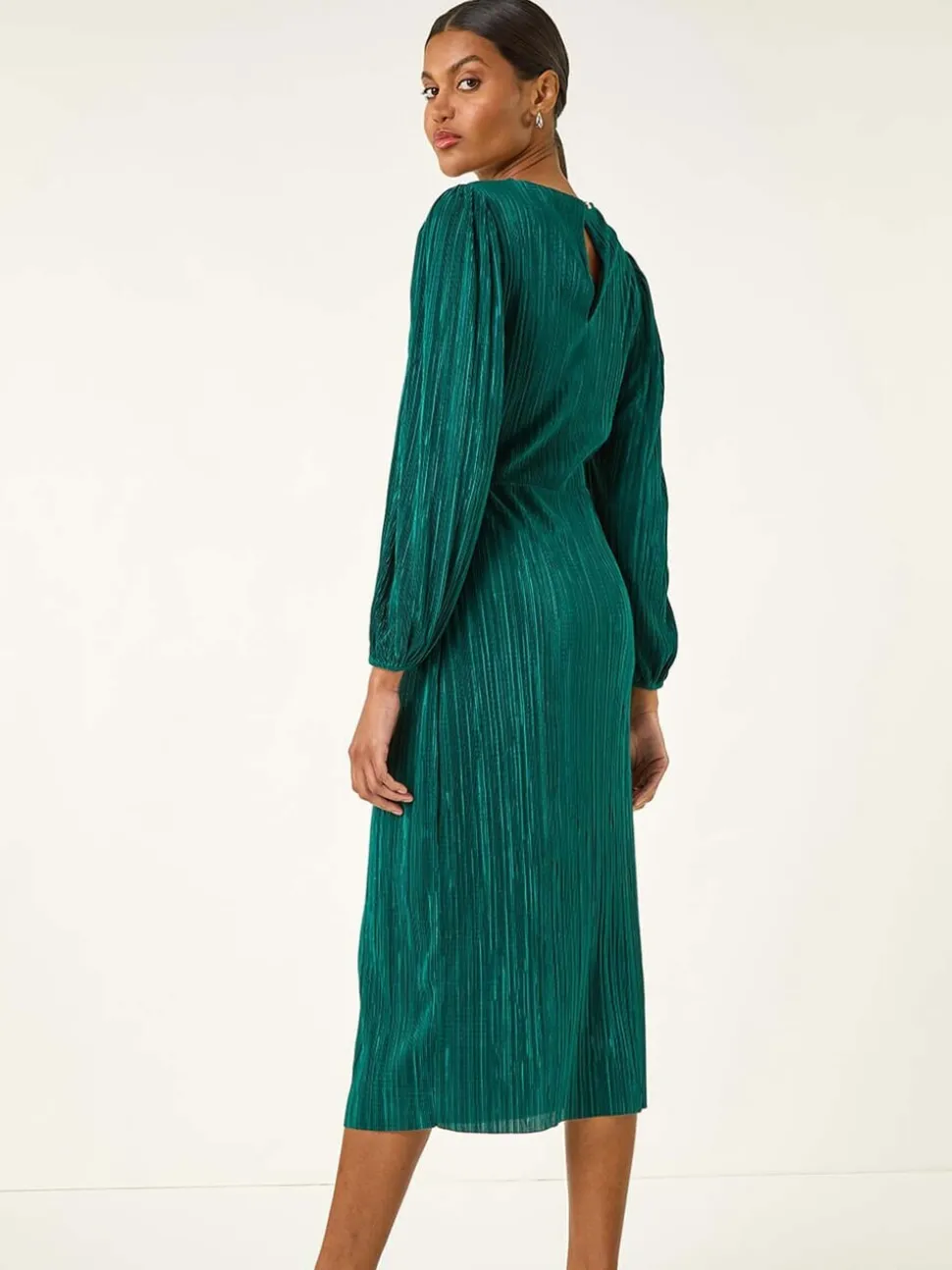 Roman Green Plisse Twist Front Midi Dress