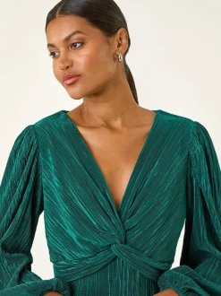 Roman Green Plisse Twist Front Midi Dress