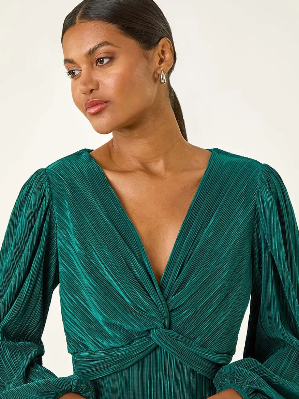 Roman Green Plisse Twist Front Midi Dress