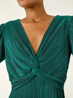Roman Green Plisse Twist Front Midi Dress