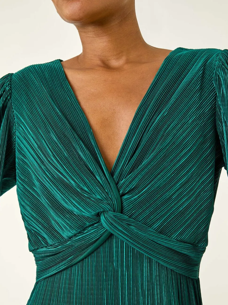 Roman Green Plisse Twist Front Midi Dress