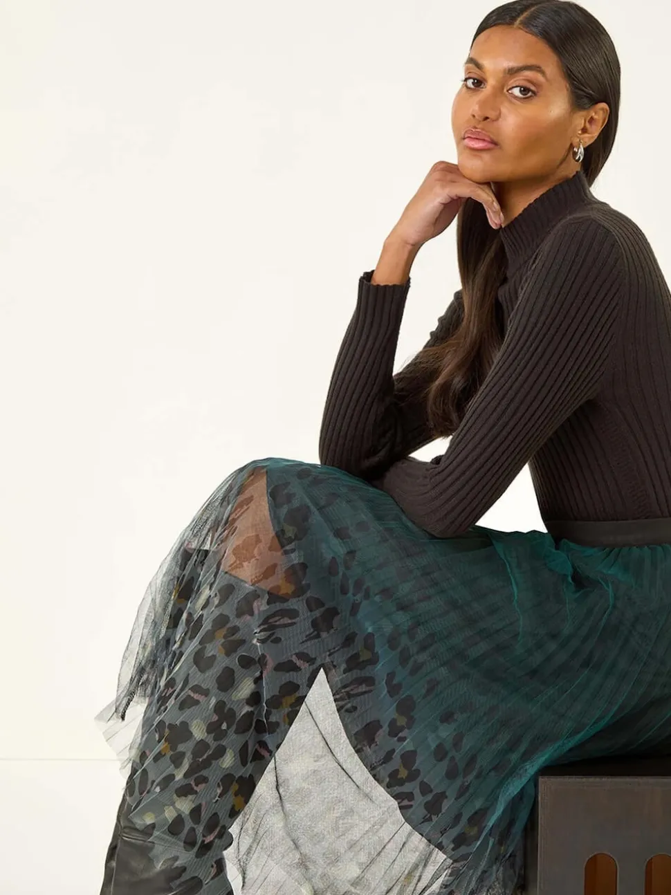 Roman Green Printed Pleat Mesh Skirt