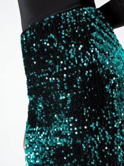 Roman Green Sequin Embellished Velour Stretch Skirt
