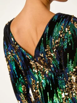 Roman Green Sequin Shimmer Velvet Dress