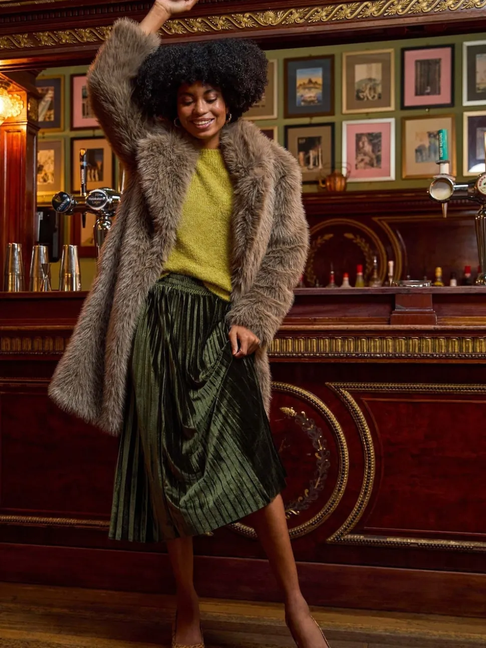 Roman Green Velvet Pleated Midi Skirt