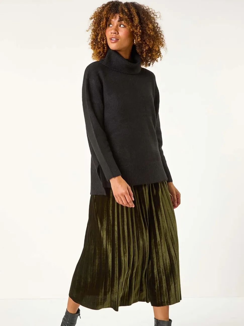 Roman Green Velvet Pleated Midi Skirt