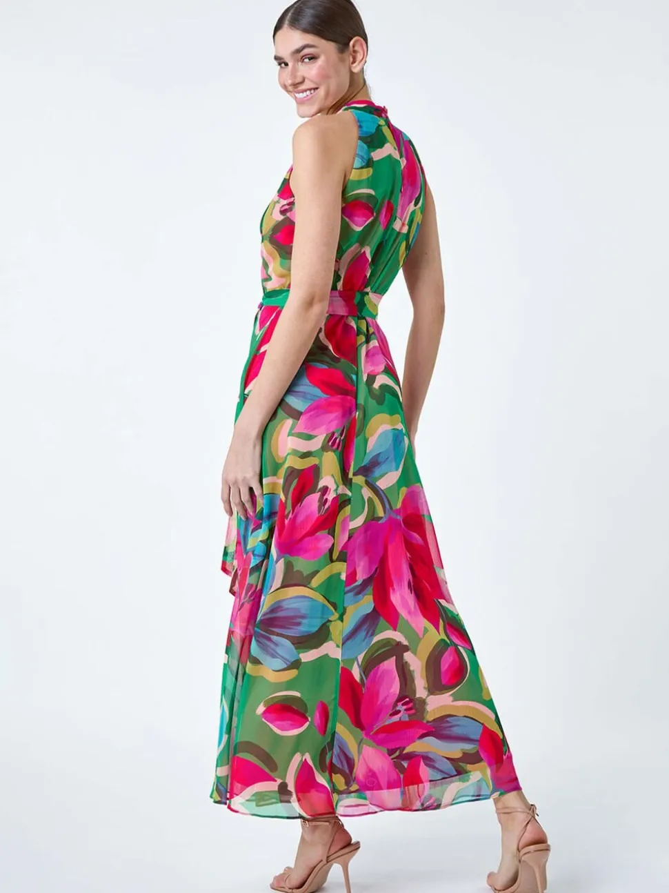 Roman Pink Floral Print Halterneck Maxi Dress