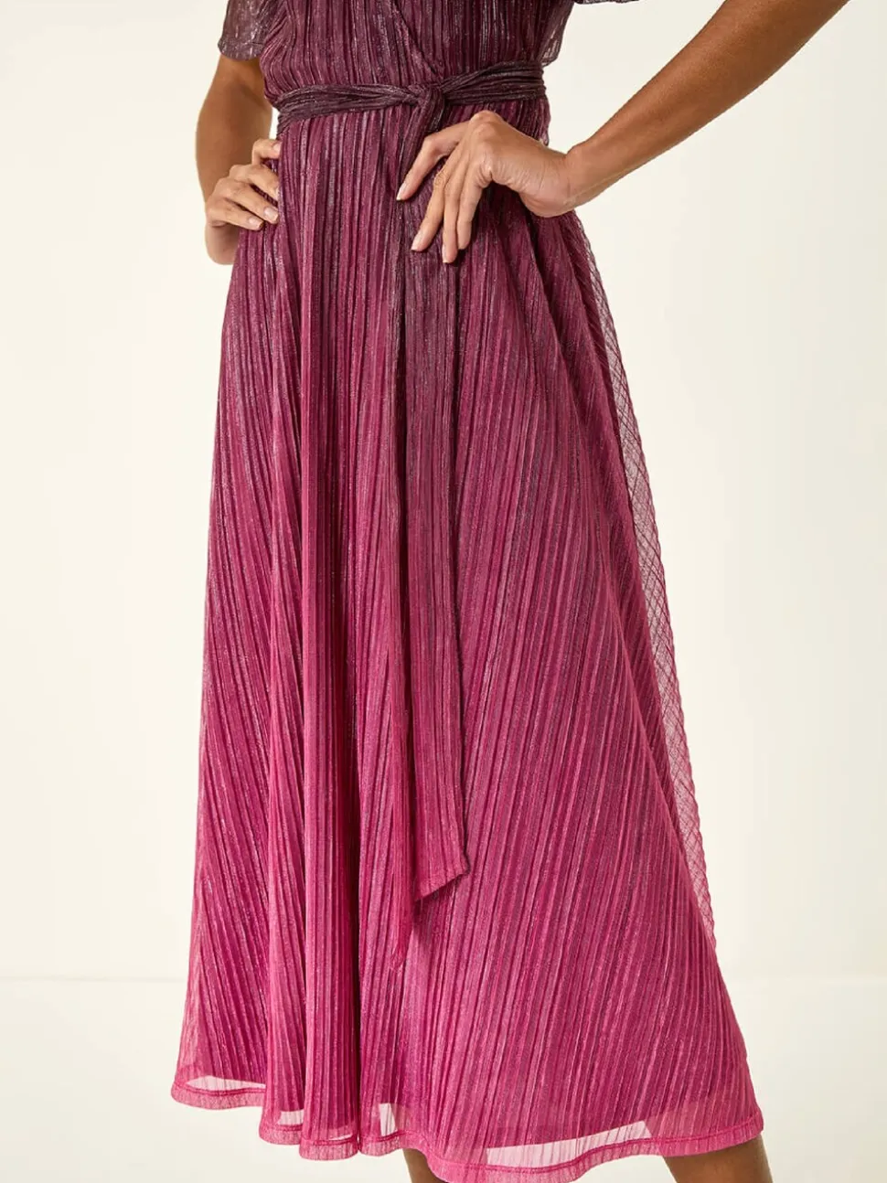 Roman Pink Ombre Shimmer Plisse Midi Dress