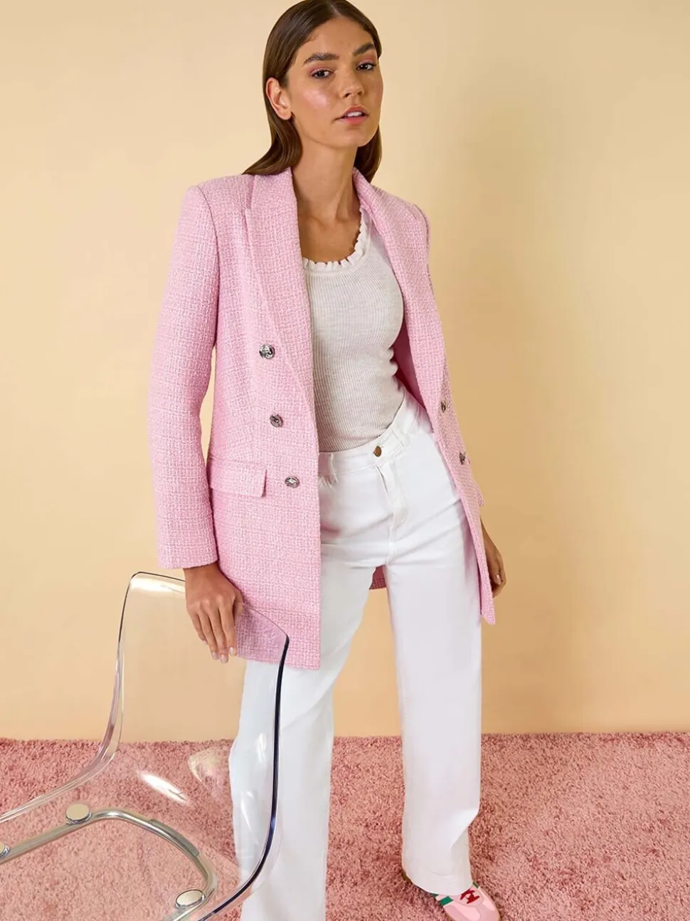 Roman Pink Tailored Longline Boucle Jacket