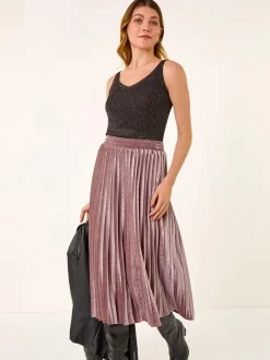 Roman Pink Velvet Pleated Midi Skirt