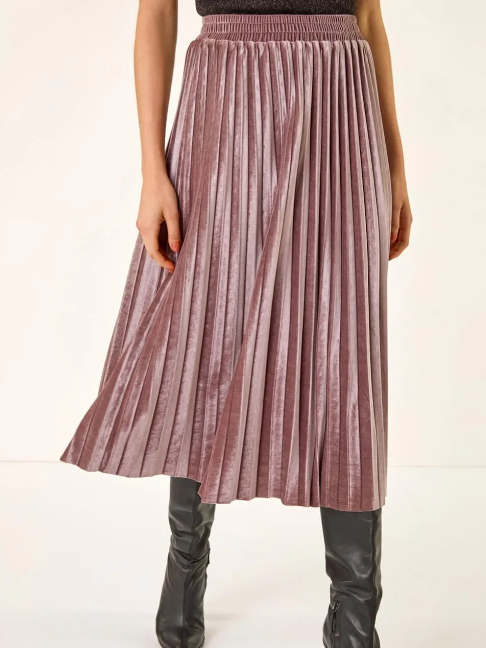 Roman Pink Velvet Pleated Midi Skirt