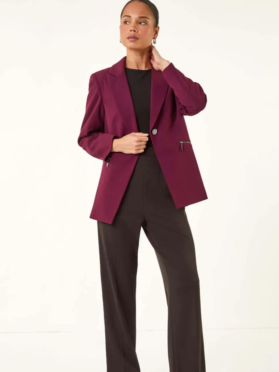 Roman Purple Petite Zip Pocket Stretch Blazer