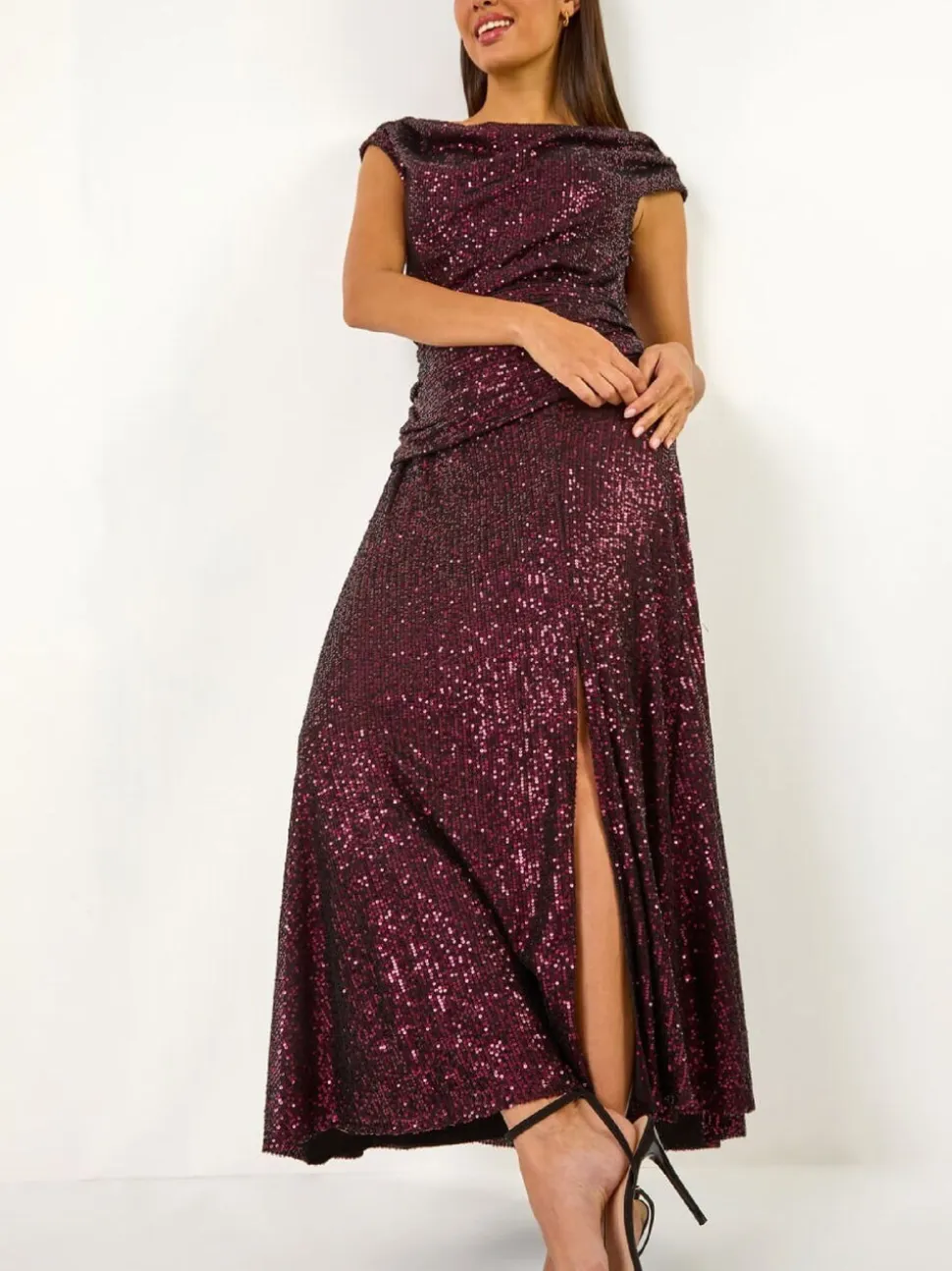 Roman Purple Sequin Cowl Neck Maxi Stretch Dress