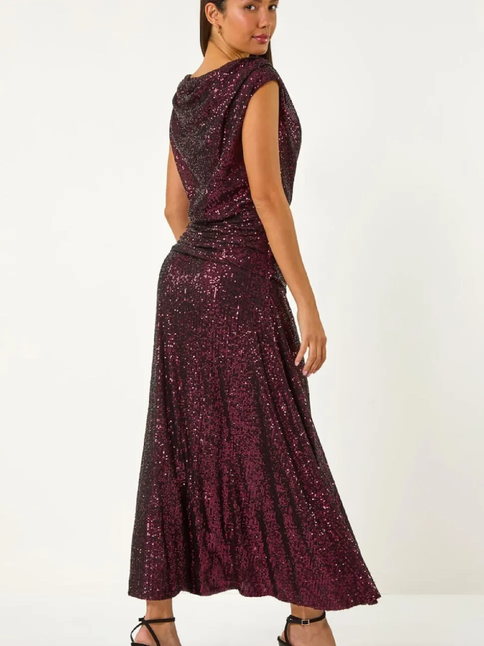 Roman Purple Sequin Cowl Neck Maxi Stretch Dress
