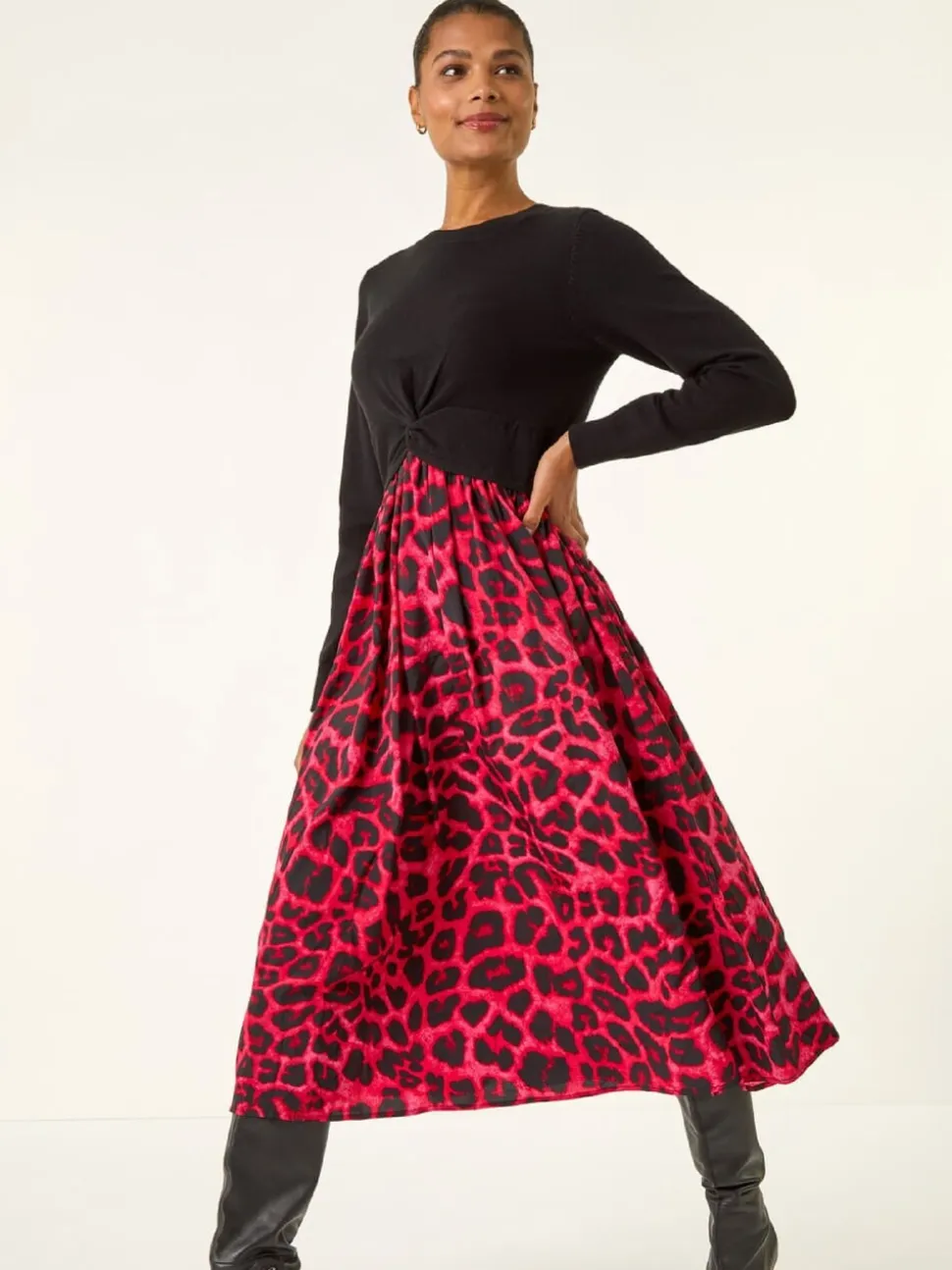 Roman Red Animal Print Twist Front Midi Dress