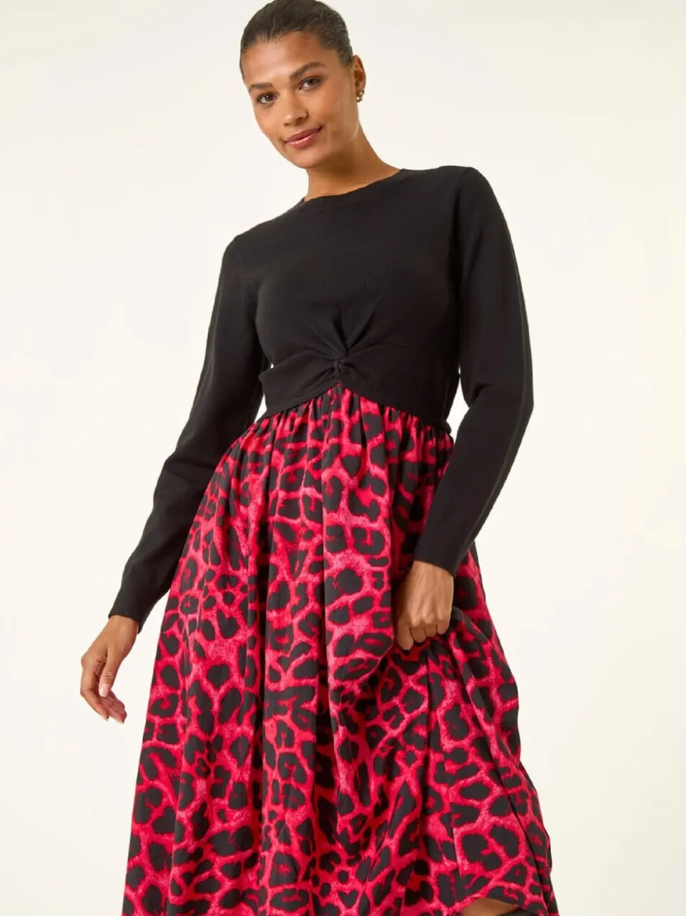Roman Red Animal Print Twist Front Midi Dress