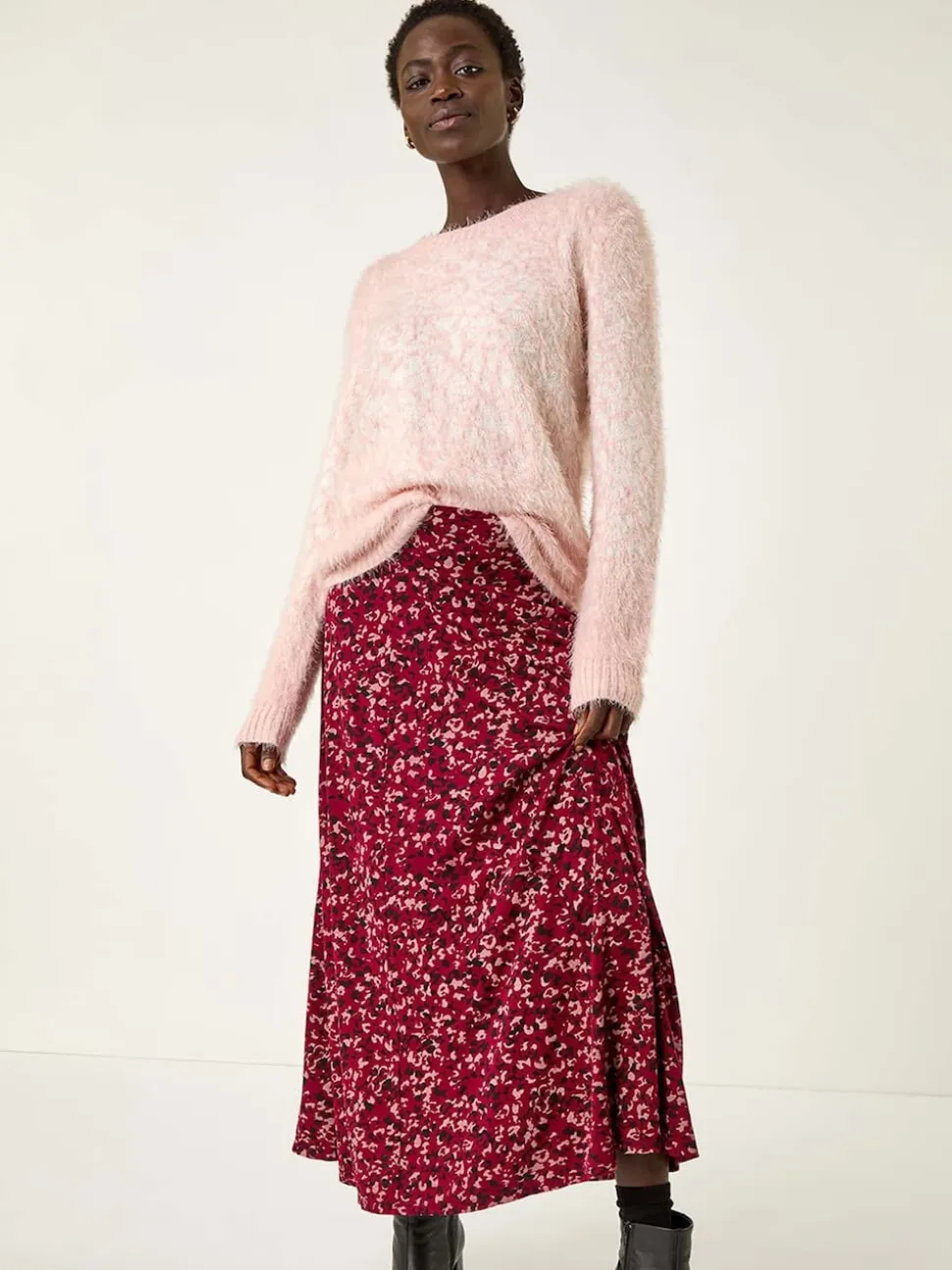 Roman Red Confetti Print Stretch Midi Skirt