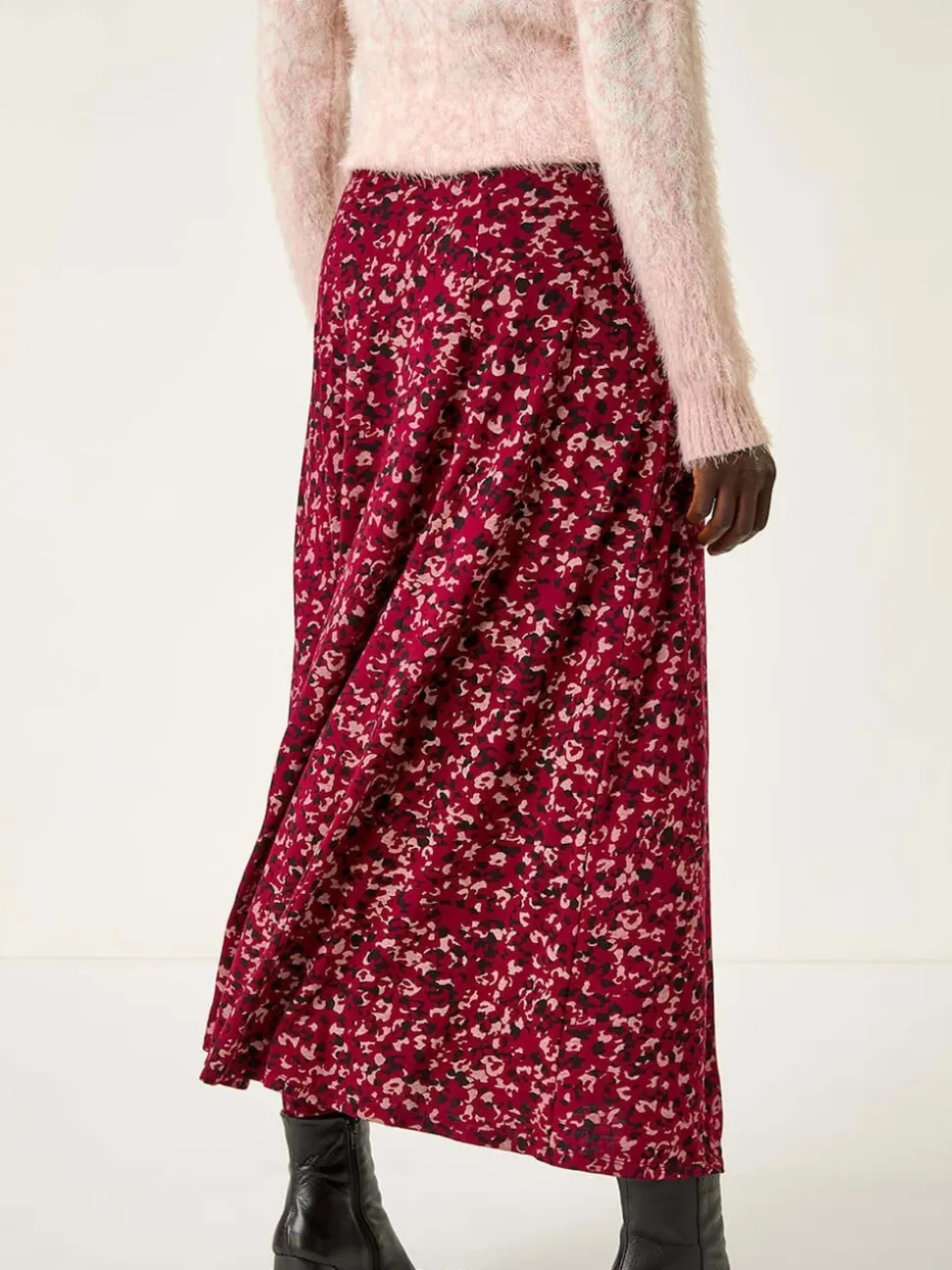 Roman Red Confetti Print Stretch Midi Skirt