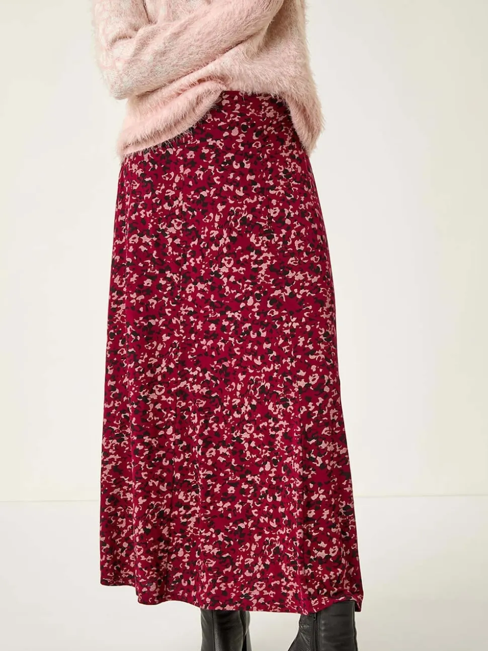 Roman Red Confetti Print Stretch Midi Skirt